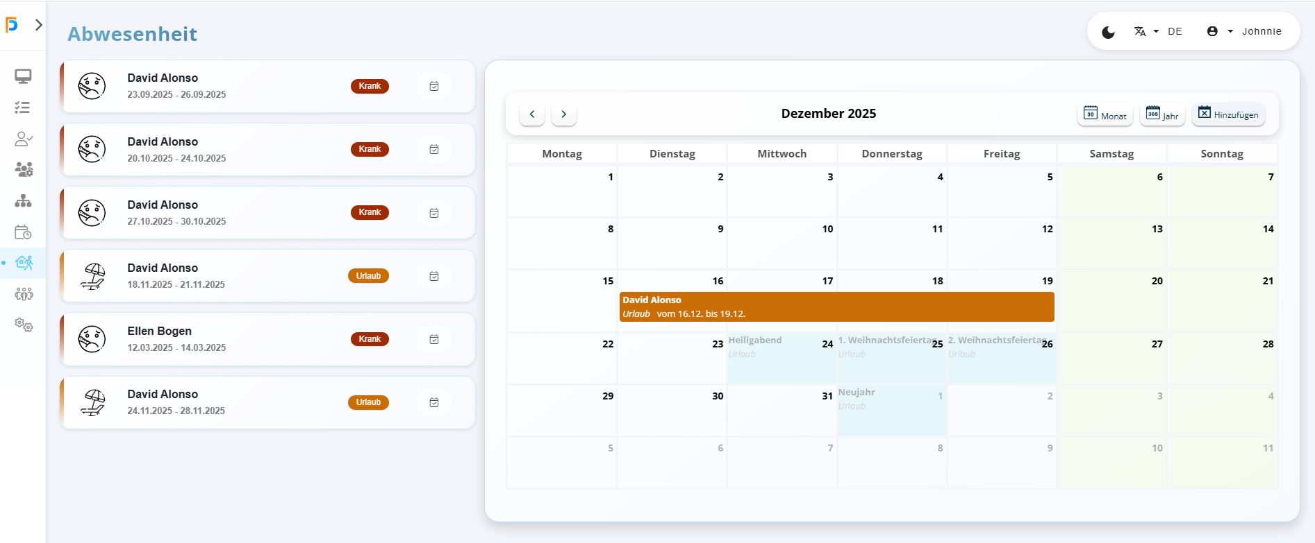 FixPlaner Abwesenheitskalender - Übersicht aller Urlaubs- und Krankheitszeiten