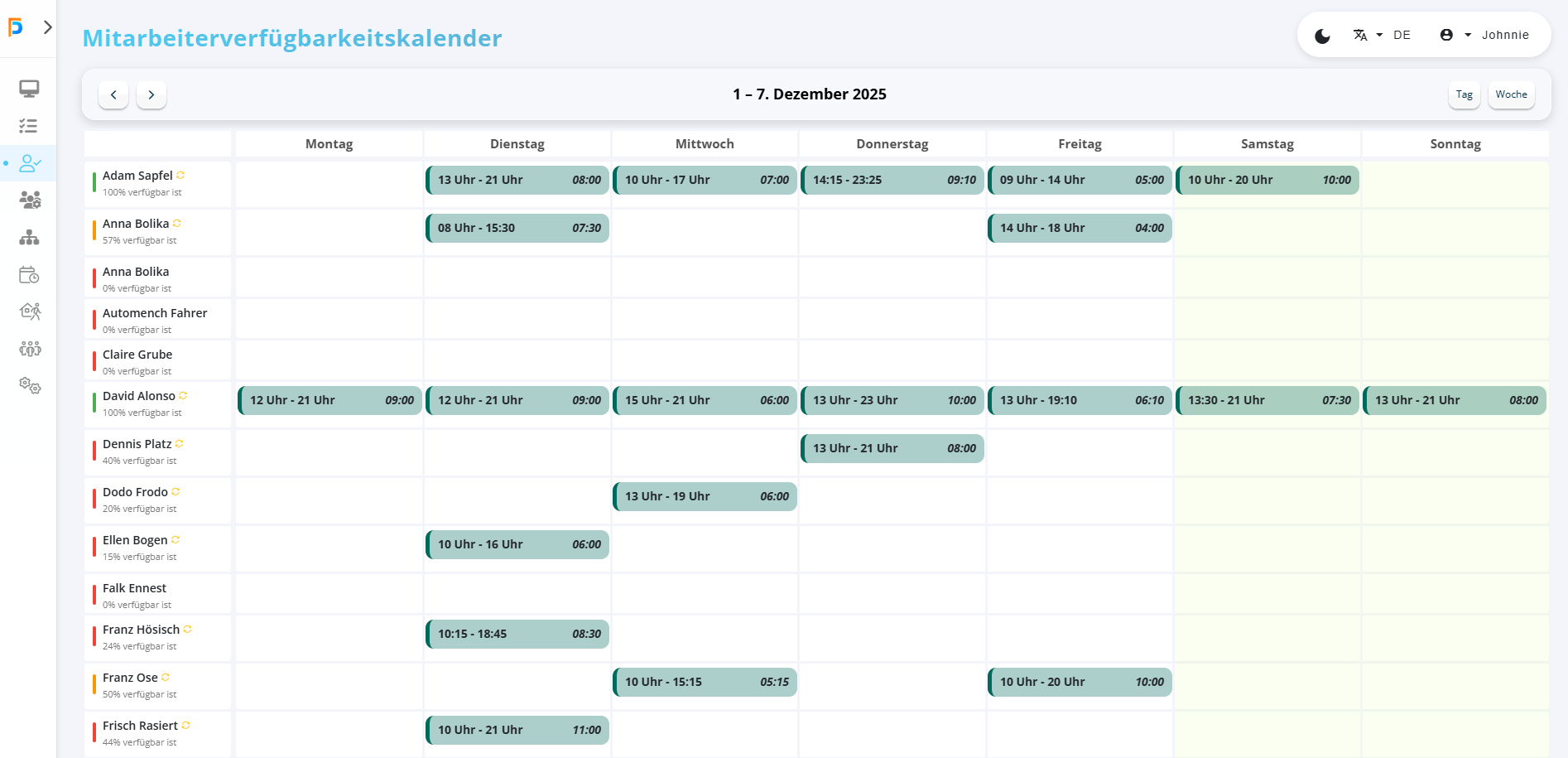 FixPlaner Verfügbarkeitskalender - Wochenübersicht aller Mitarbeiter
