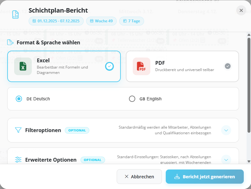 Export-Dialog für Excel und PDF