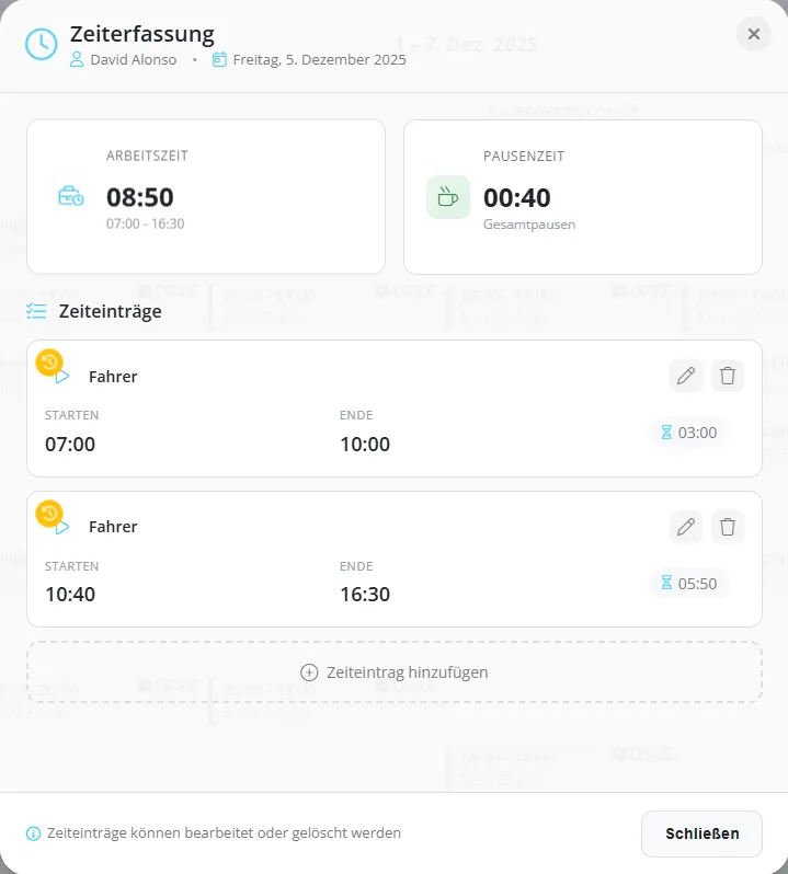 FixPlaner Zeiteintrag mit Arbeitszeit, Pause und Details